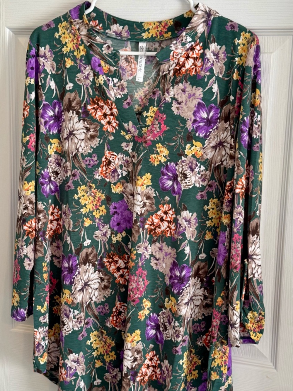 Green Floral V-Neck Top with Purple & Yellow Blooms